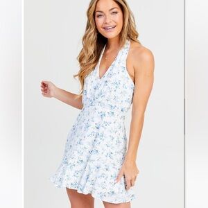 NWT Altar'd State Women's Blue/Ivory Halter Floral Mini Dress w/ Ruffled Hem -S